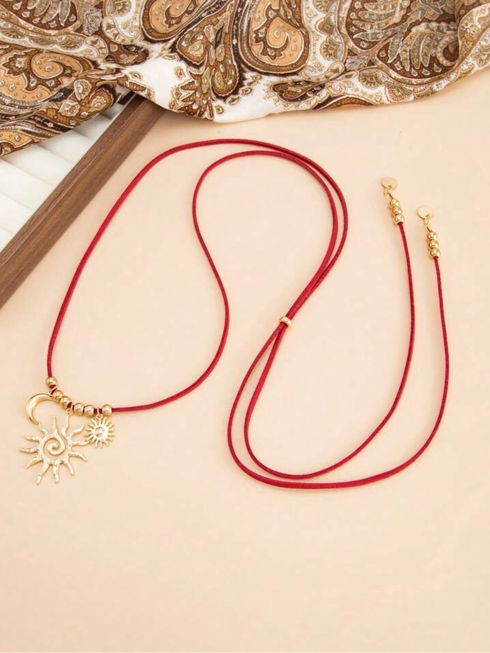 Gold Sun & Moon Pendant Layered Necklace with Red Cord - Picture 2 of 4